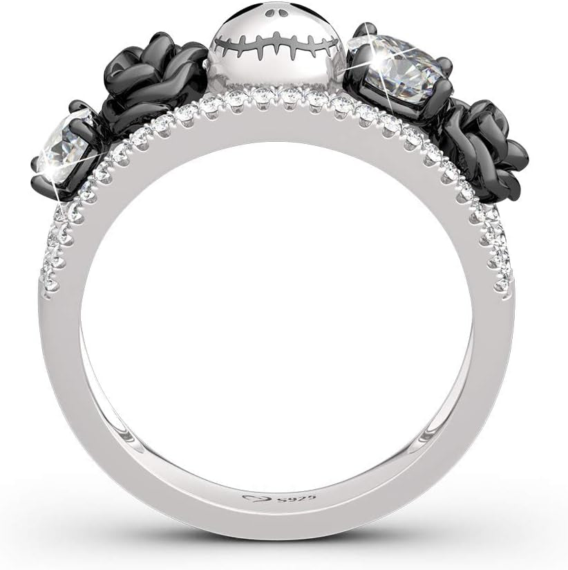 1.76 Ct Skull Wedding Band 925 Sterling Silver Diamond Eternity Rings Rose Flower Engagement Rings Anniversary Promise Romantic Jewelry Gift