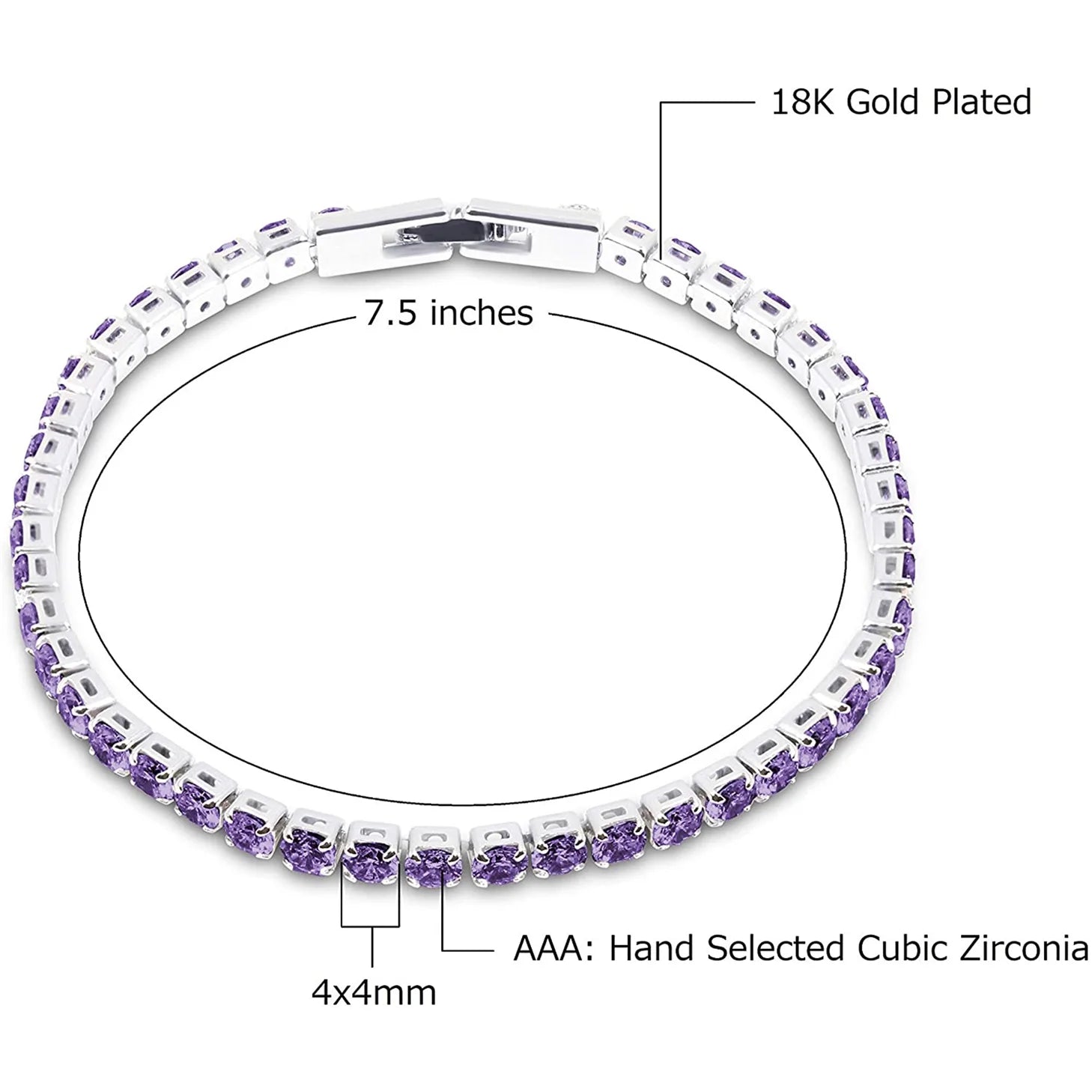 14K White Gold Plated Purple Cubic Zirconia round 4MM Classic Tennis Bracelet for Women