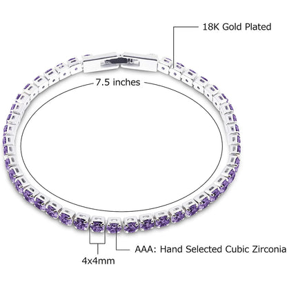 14K White Gold Plated Purple Cubic Zirconia round 4MM Classic Tennis Bracelet for Women
