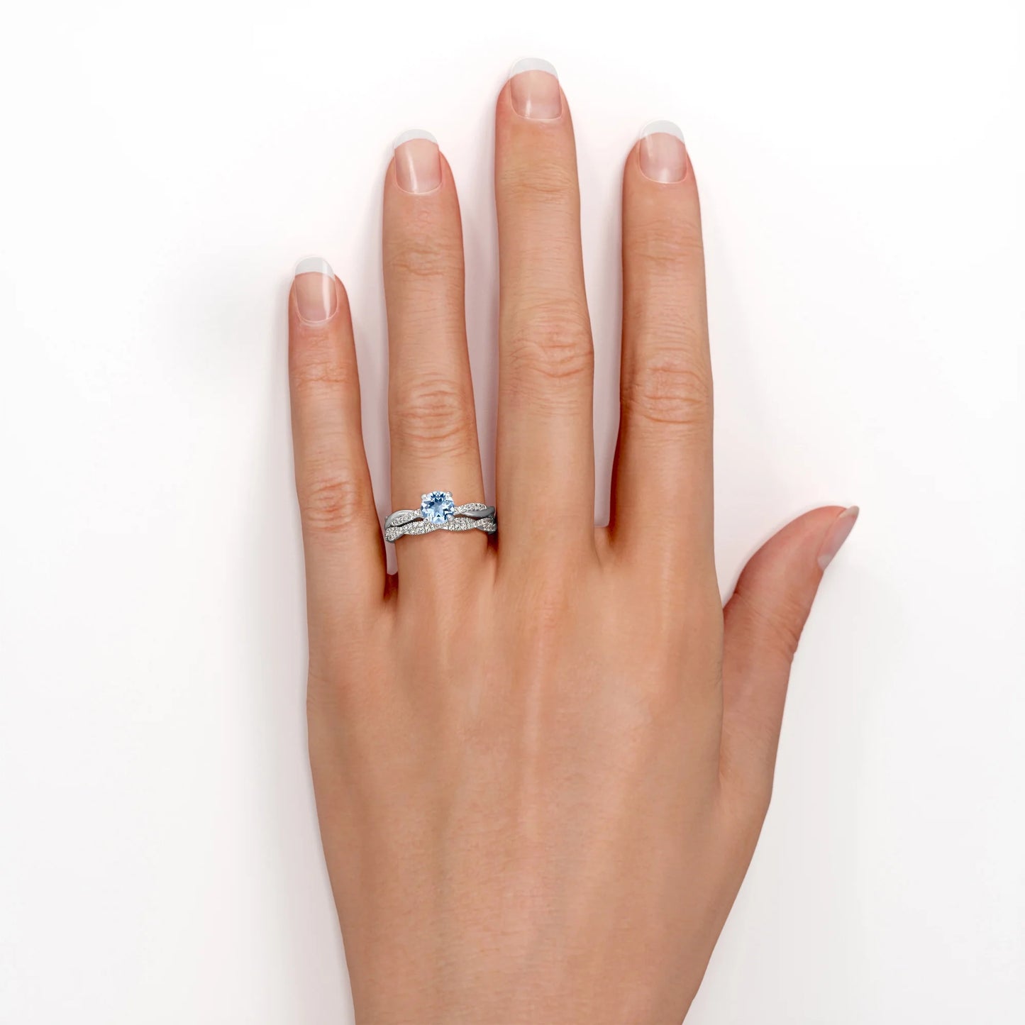 Twisted Pave - 1.75 Carat round Shaped Vivid Blue Created Aquamarine and Moissanite - Four Prong Wedding Set - 18K White Gold Plating over Silver