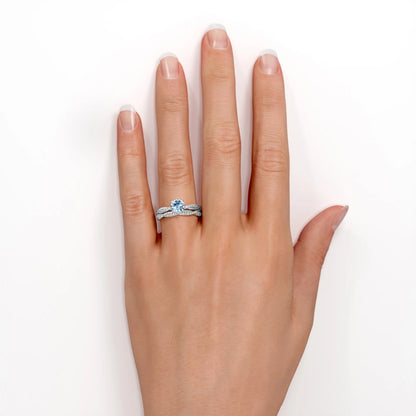 Twisted Pave - 1.75 Carat round Shaped Vivid Blue Created Aquamarine and Moissanite - Four Prong Wedding Set - 18K White Gold Plating over Silver