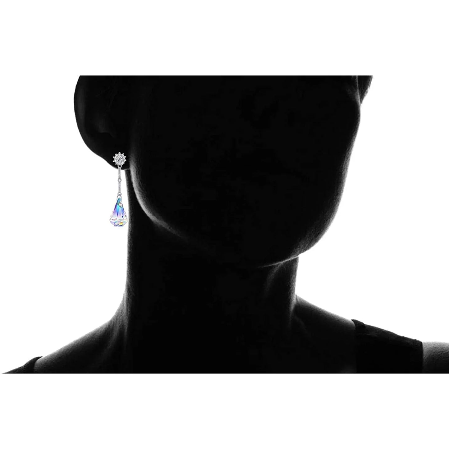 14K White Gold Plated Aurora Borealis Austrian Rainbow Multicolor Crystal Tear Drop Cut Stud Dangle Earrings for Women & Men
