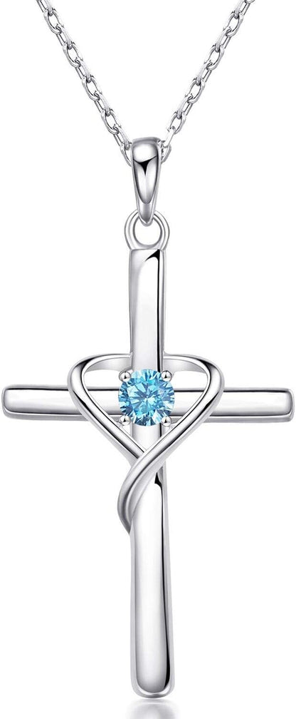 925 Sterling Silver Cross Necklace for Women Men 5A CZ Birthstone Necklaces 14K Gold Plated or Rose Gold Necklace for Easter or Mother'S Day