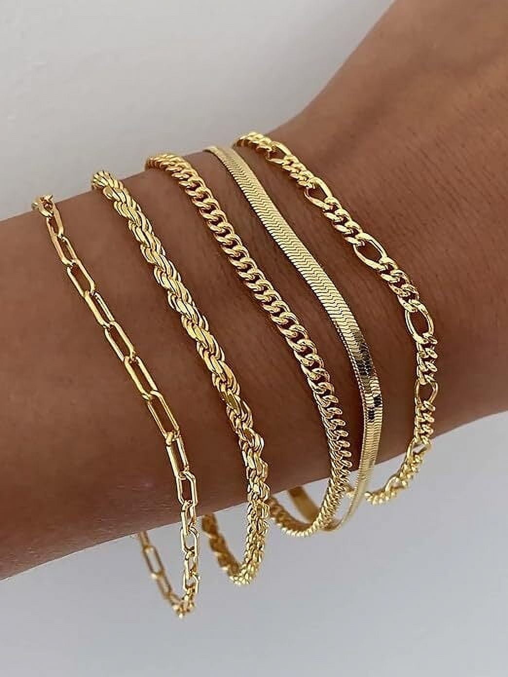 Gold Bracelets for Women, 14K Gold Plated Jewelry Sets for Women Trendy Thin Dainty Stackable Cuban Link Paperclip Chain Bracelet Pack Fashion Accessories Gifts