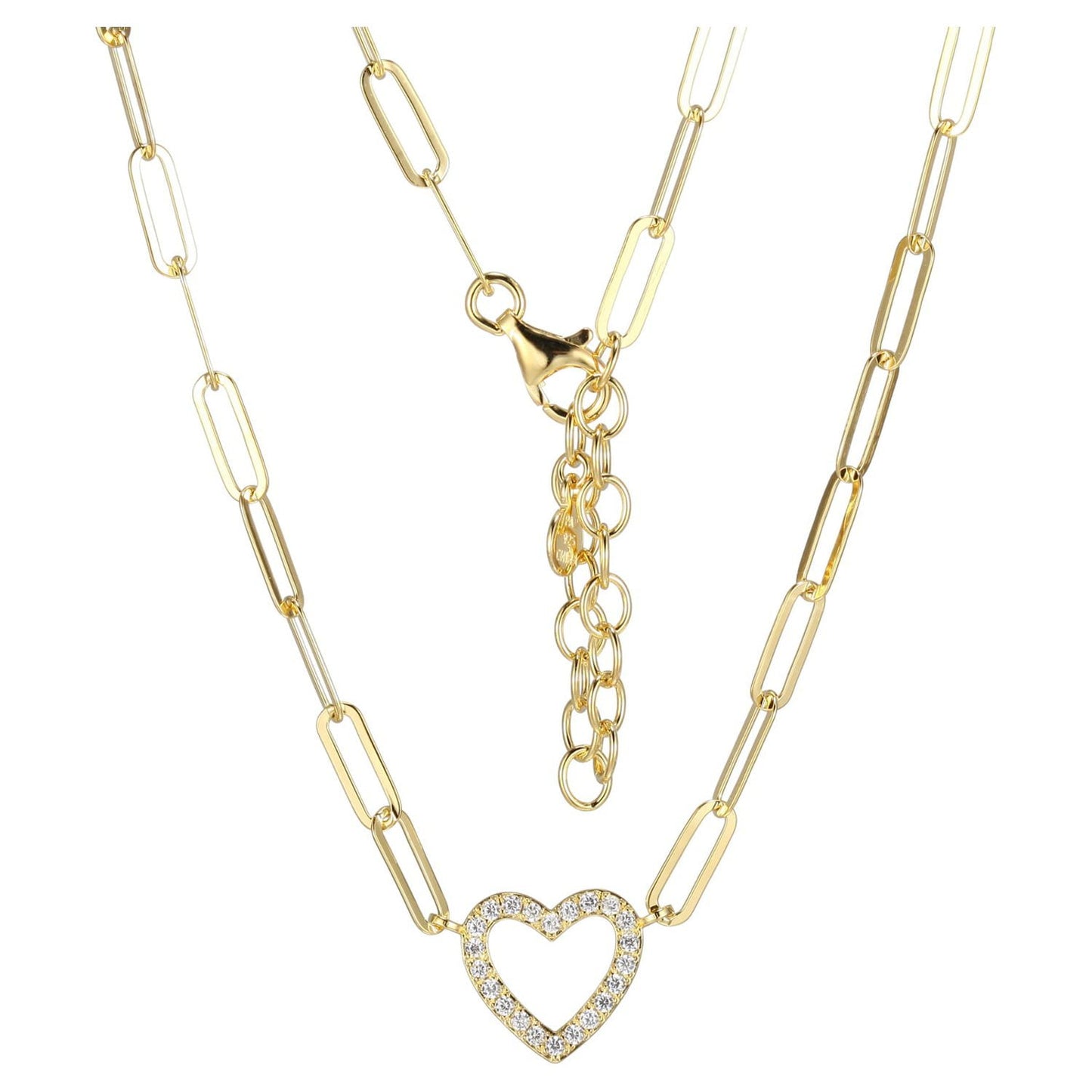 Heart Cubic Zirconia Paperclip 18” Necklace in 18K over Sterling Silver, Adult Female