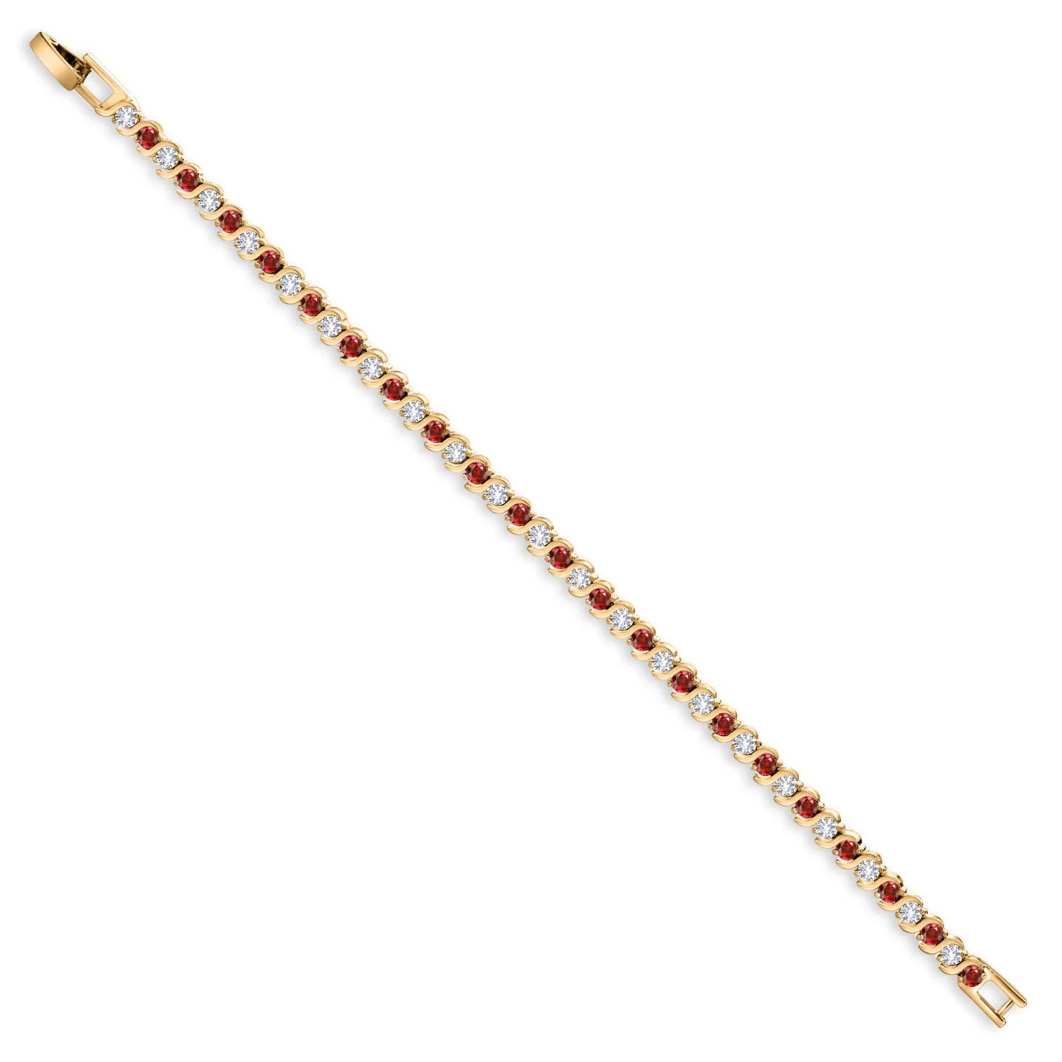 18K Yellow Gold Plated Simulated Red Ruby and Sparkling White Cubic Zirconia Tennis Bracelet for Women - the Perfect Gift for Her on Weddings and Special Occasions - 4.50 Cttw, 7 Inch Length