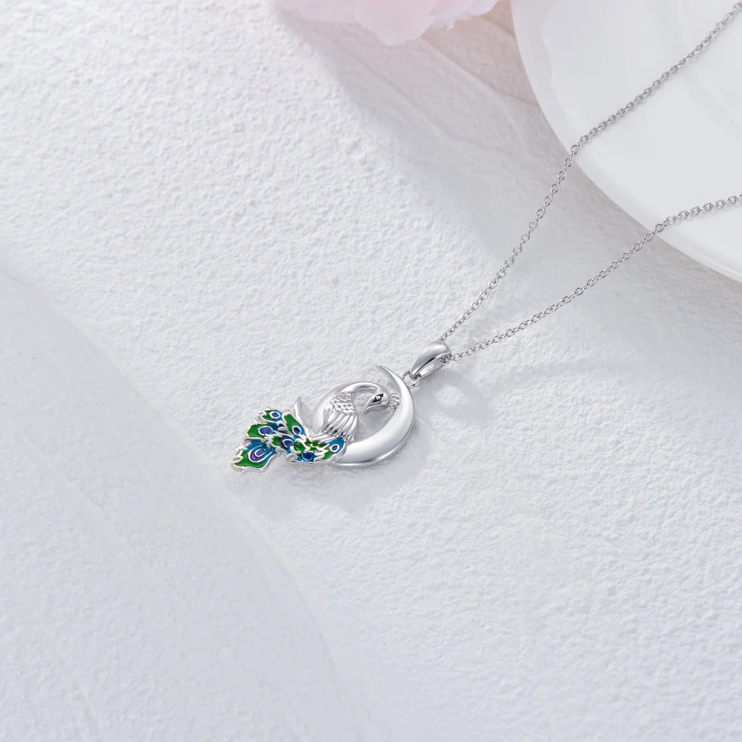 Peacock Moon Crystal Necklace 925 Sterling Silver Crescent Half Moon Pendant Peafowl Lover Anniversary Jewelry Gifts for Women