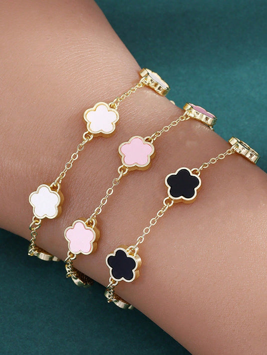 3Pcs/Set Women Elegant Lucky Flower Bracelet Set, Black White Pink Color Combination, Fashion & Casual, Suitable for Daily Wear