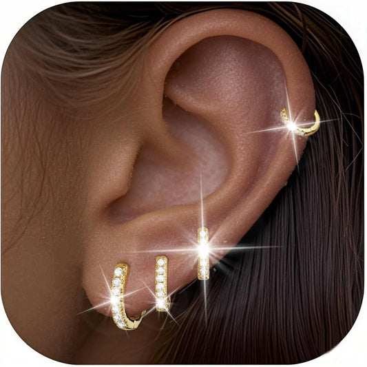4 Pairs Small Hoop Earrings for Women,Gold Small Cubic Zirconia Huggie Hypoallergenic Earrings Set for Multiple Piercing,Dainty Cartilage Earrings for Women Wedding Birthday Jewelry Gifts