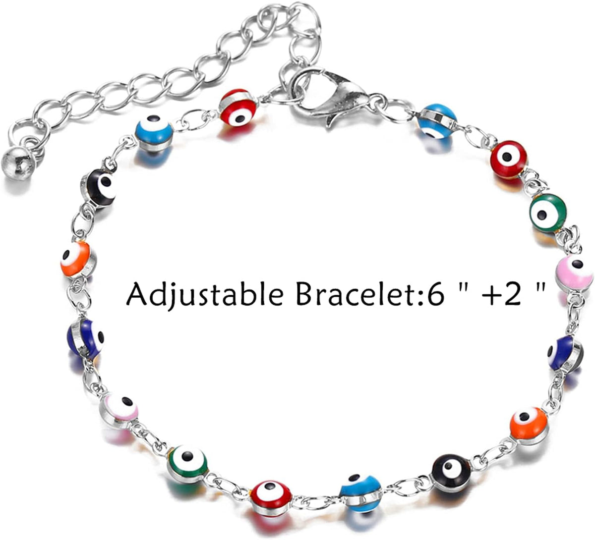 Evil Eye Bracelet Silver Eye Beads Bracelet Ojo Turco Kabbalah Evil Eye Bracelets for Women Men(D:Silver Colorful Lucky Bracelet)