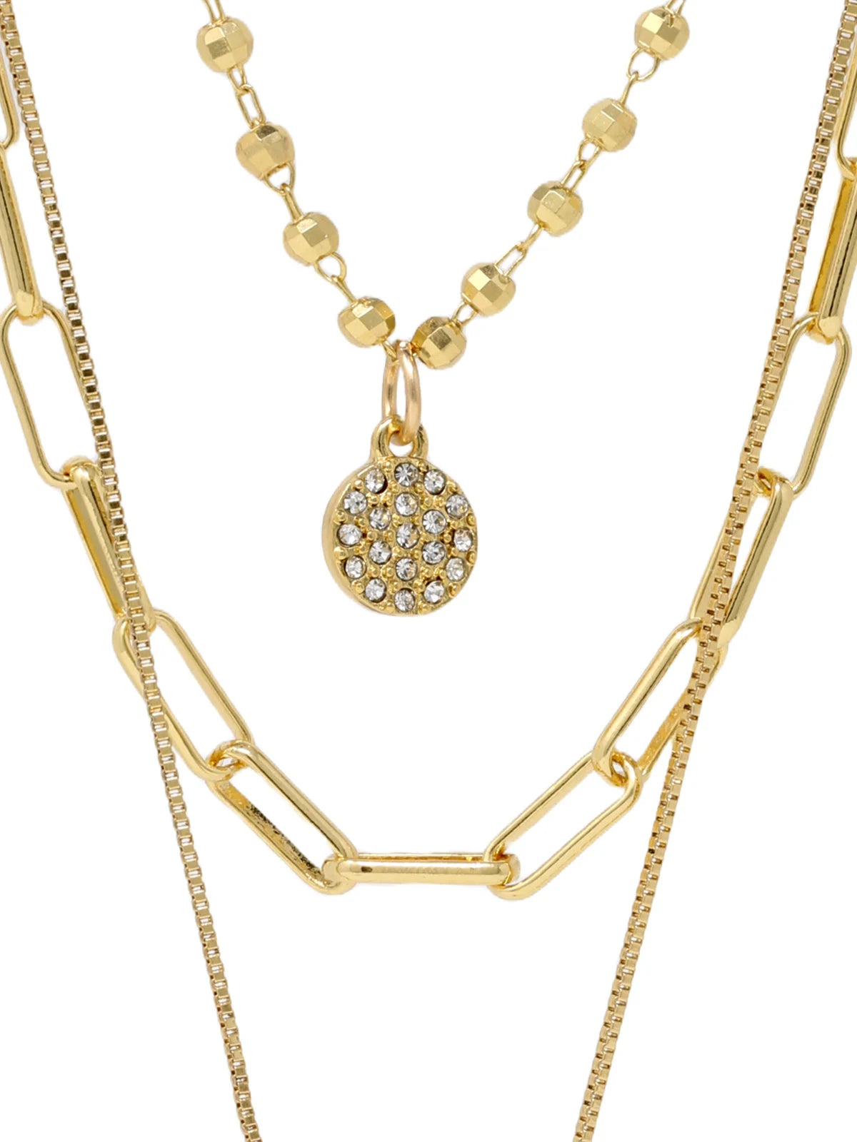 Gold Layered Necklace Set, Triple Layer Charm Necklace with Detangler Clasp, Pave Crystal 3 Strand Necklace, Gift for Her
