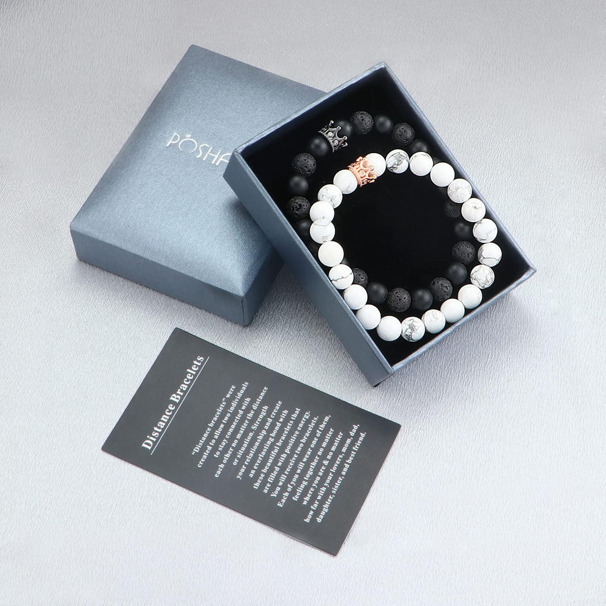 8Mm Natural Stone CZ Micro Pave Crown King Queen Beads His and Hers Couple Bracelet, 7.5" (Black&White-2)