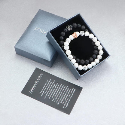 8Mm Natural Stone CZ Micro Pave Crown King Queen Beads His and Hers Couple Bracelet, 7.5" (Black&White-2)