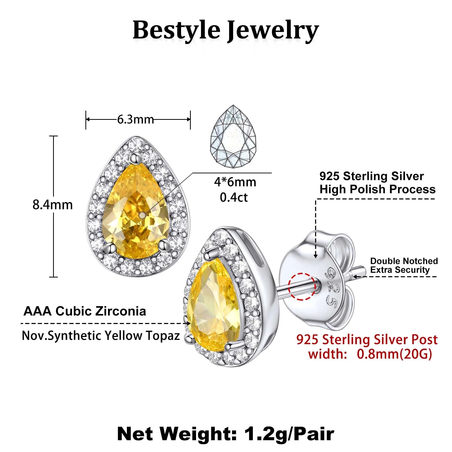 925 Sterling Silver Birthstone Stud Earrings for Women, Sparking November Teardrop Cut Diamond Earrings for Sensitive Ears