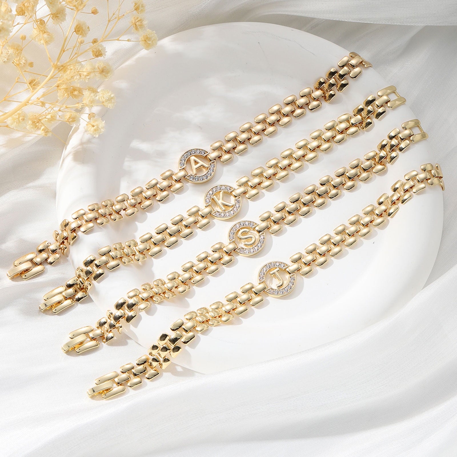 14K Gold Plated Initial Bracelets for Women Mom Wife Mommy Daughter Cubic Zirconia Watch Bangle Wrist Charm Bracelet Alphabet Letter S Chain Bracelet Birthday Mother'S Day Jewelry Gifts for Her