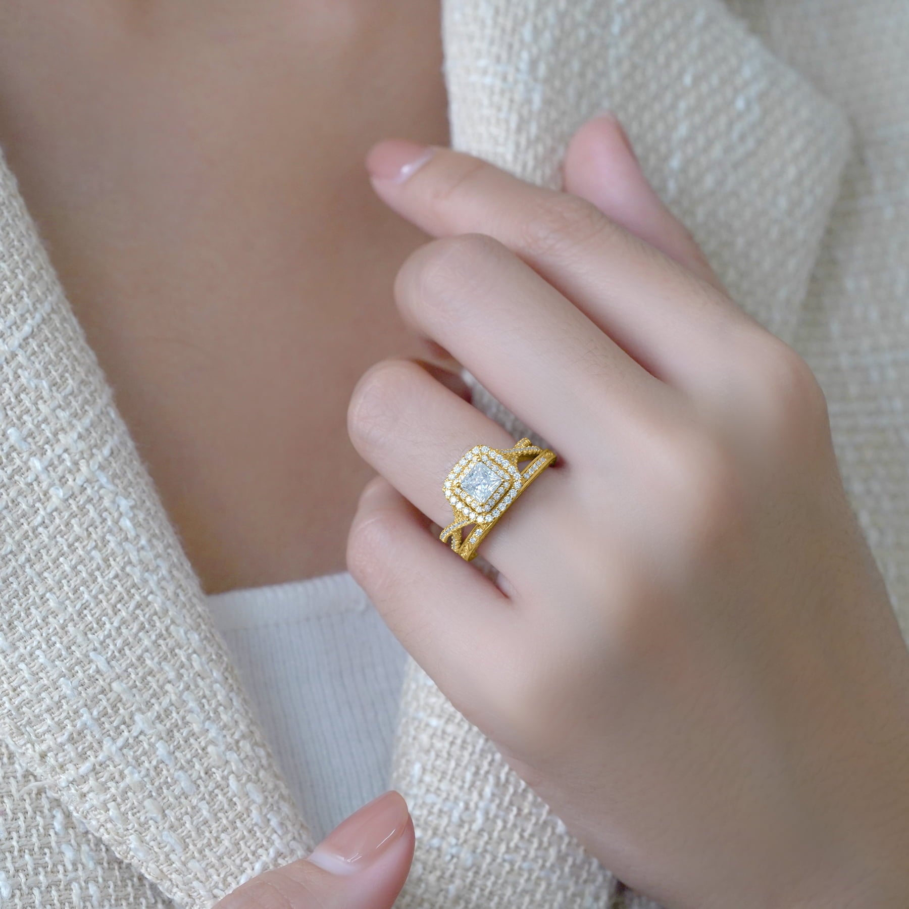 1.25 Ct - Square Moissanite - Double Halo - Twisted Band - Vintage Inspired - Pave - Wedding Ring Set in 18K Yellow Gold Plated for Women