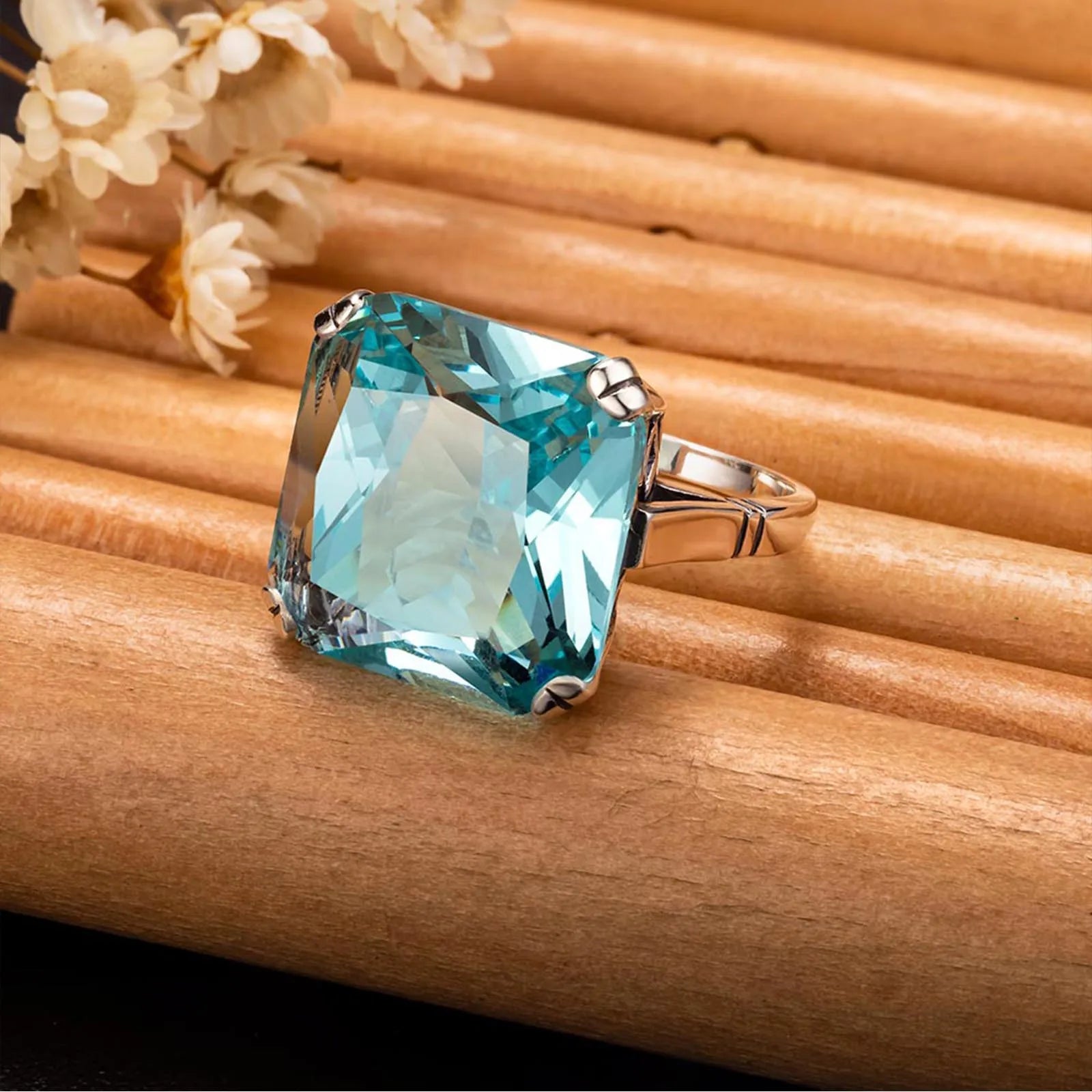 Original 925 Sterling Silver Aquamarine Gemstone Ring for Women Vintage Sparkling Birthstone Square Big Stone Jewelry Handmade