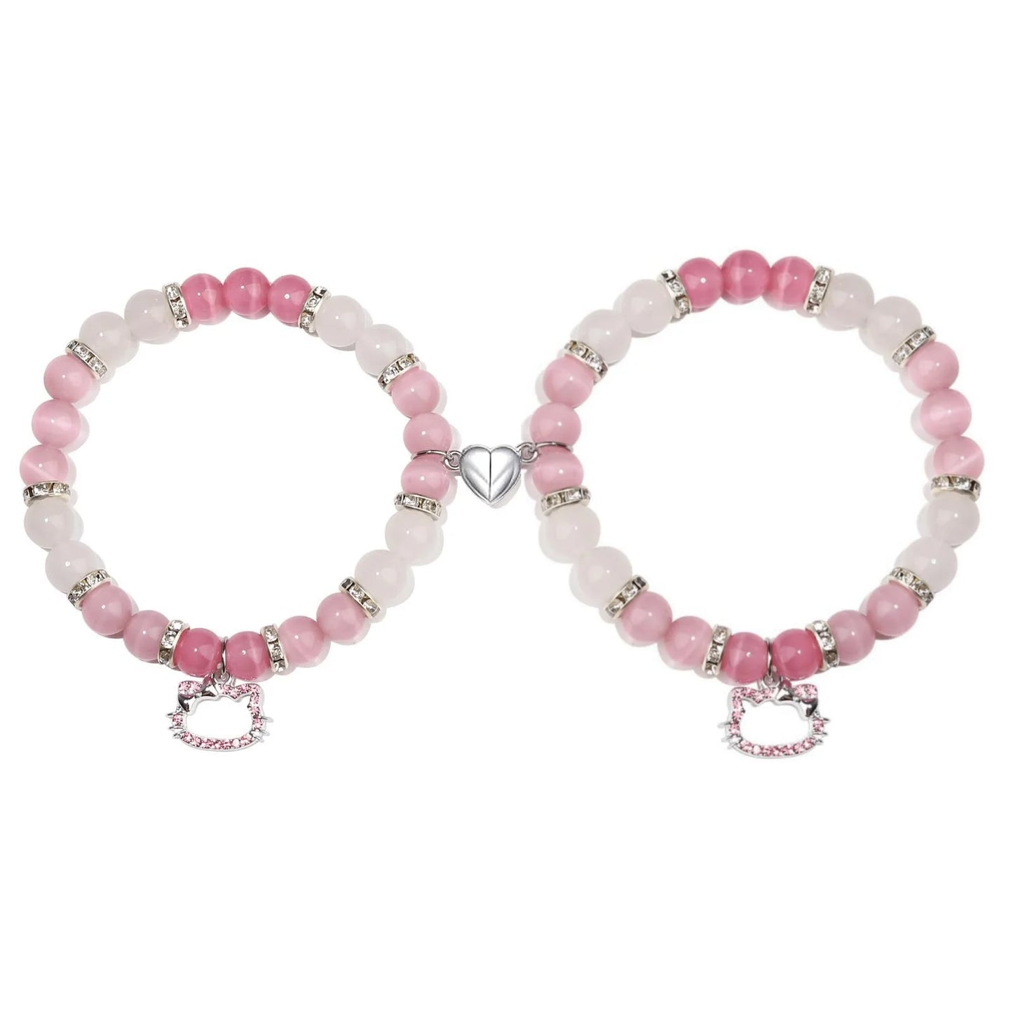 2Pcs/Set Pink Color Hello Cat Beaded Bracelets for Women Heart Magnetic Matching Couple Bracelets Girls Festival Jewelry Gifts