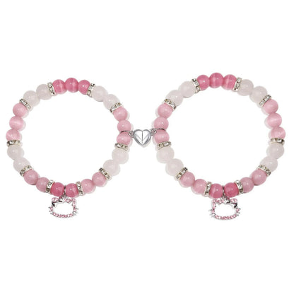 2Pcs/Set Pink Color Hello Cat Beaded Bracelets for Women Heart Magnetic Matching Couple Bracelets Girls Festival Jewelry Gifts