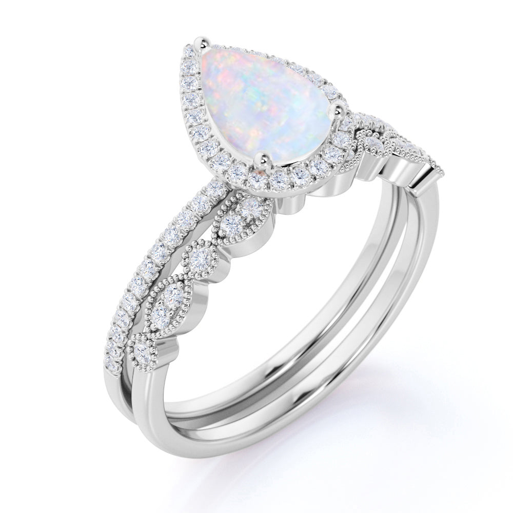 1.5 Ct Vintage Teardrop Blue Opal and Moissanite Wedding Ring Set in 18K White Gold over Silver