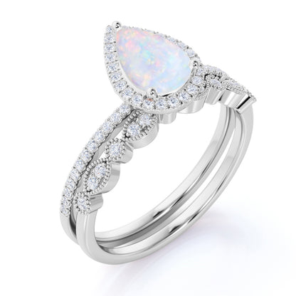 1.5 Ct Vintage Teardrop Blue Opal and Moissanite Wedding Ring Set in 18K White Gold over Silver