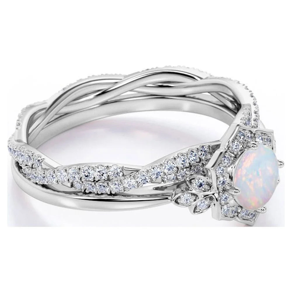 1.75 Ct Genuine round Blue Opal and Moissanite Bridal Ring Set in 18K White Gold over Silver