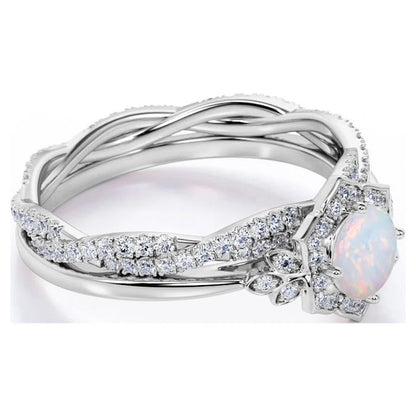 1.75 Ct Genuine round Blue Opal and Moissanite Bridal Ring Set in 18K White Gold over Silver