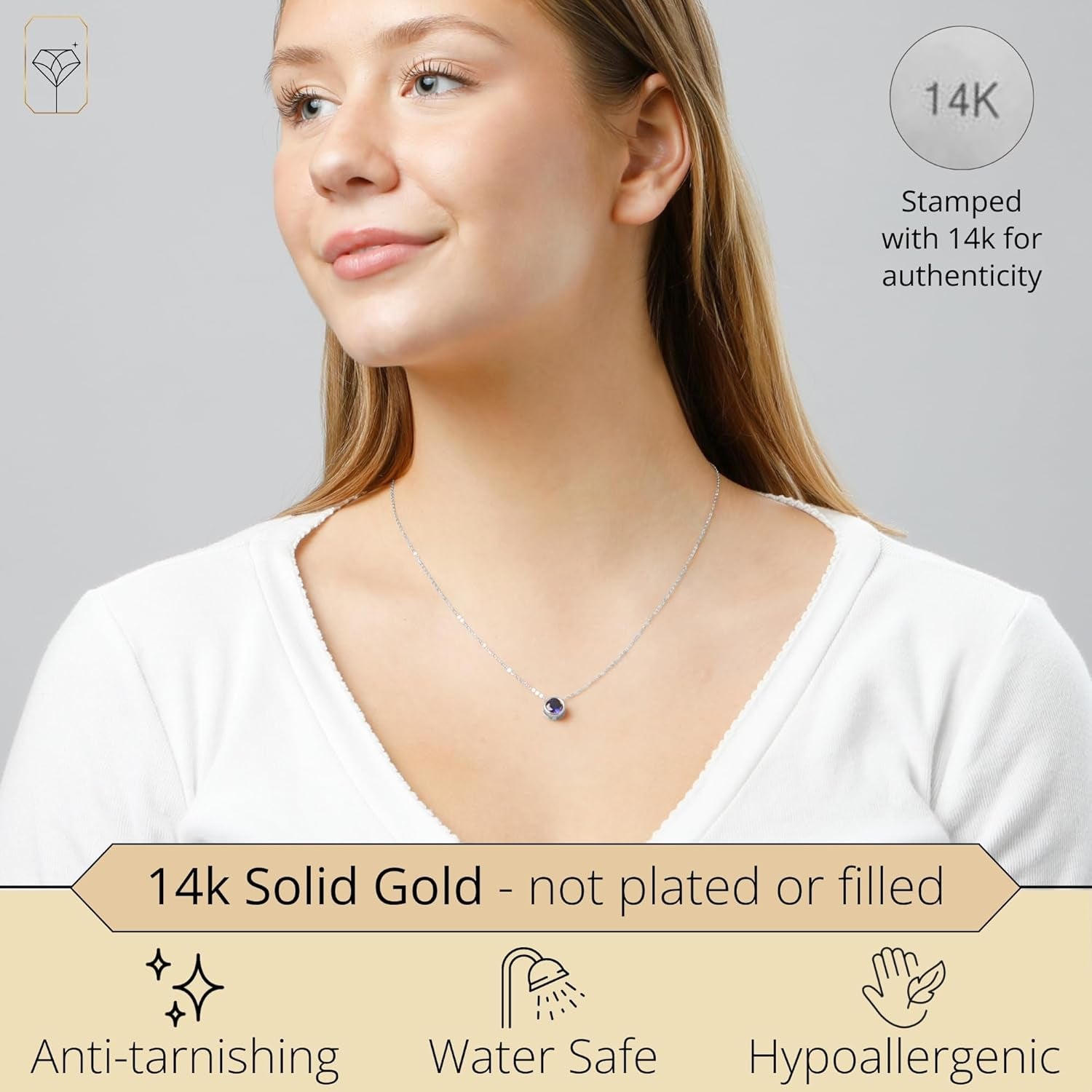 14K Gold Gemstone Pendant with 7Mm round Bezel Birthstone | Dainty round Necklace for Women with Gold 18 Inch Cable Chain | Secure Clasp Pendants with Gift Box