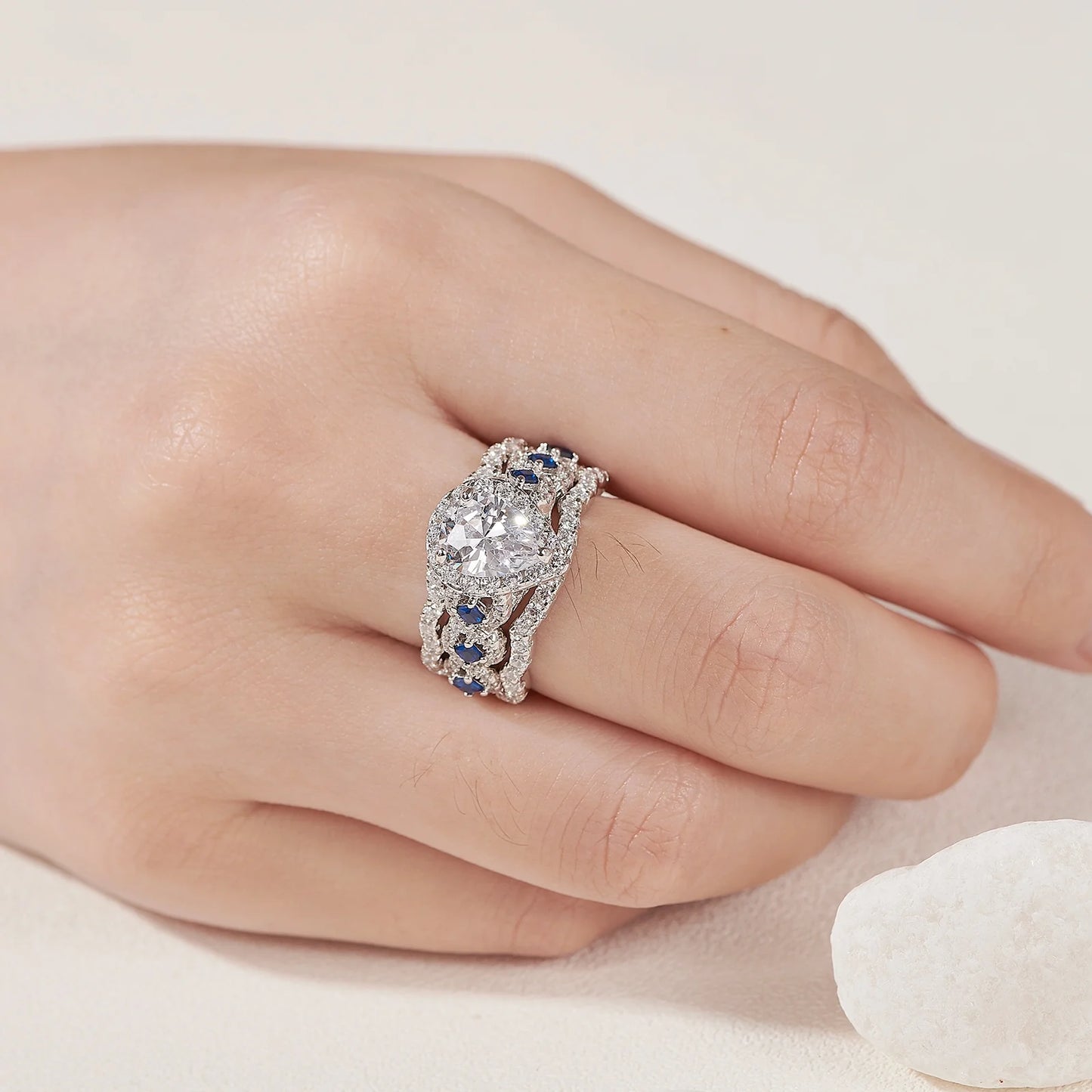 Engagement Wedding Ring Set Rings for Women 925 Sterling Silver 3Pcs 2.5Ct Pear White Cz Blue Size 7