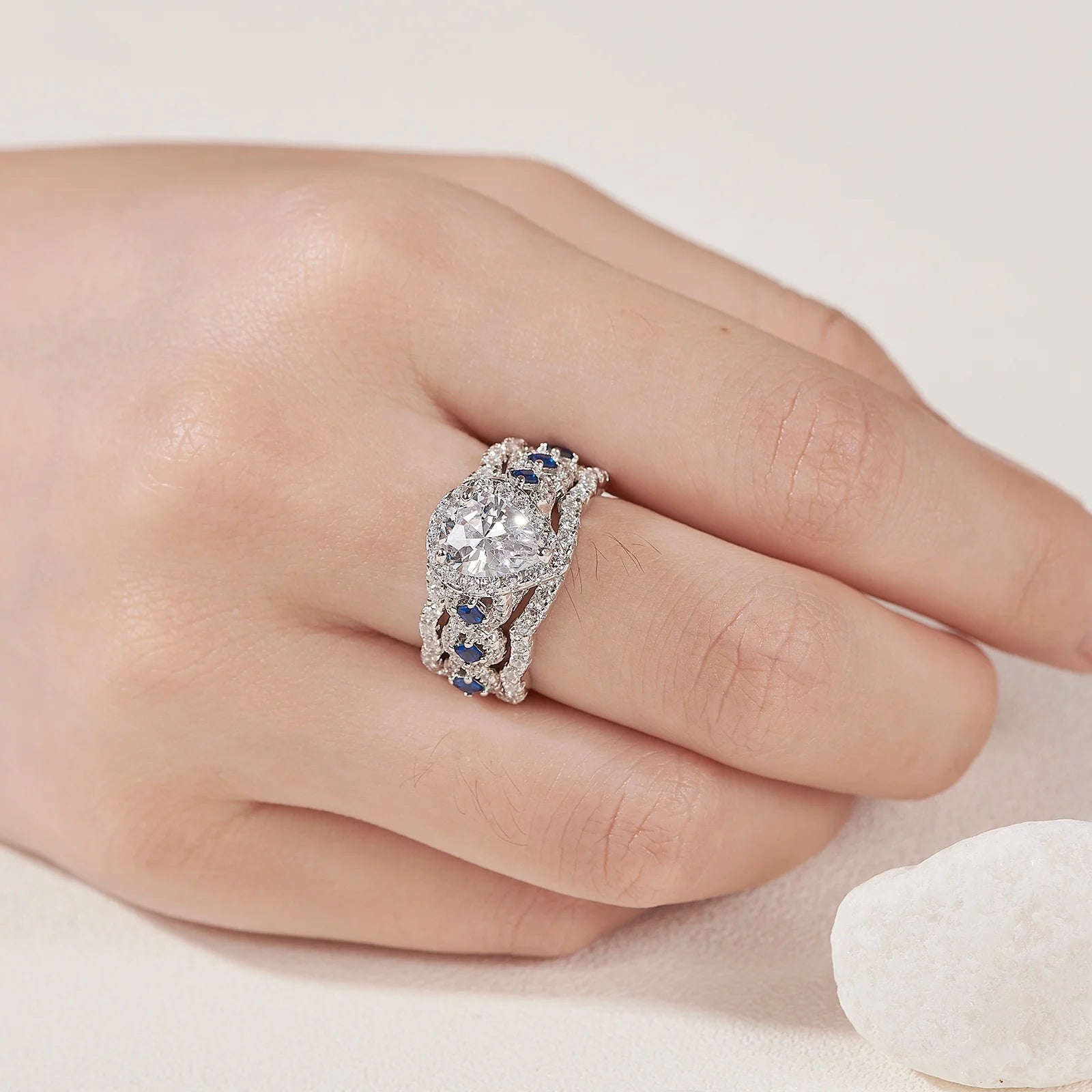 Engagement Wedding Ring Set Rings for Women 925 Sterling Silver 3Pcs 2.5Ct Pear White Cz Blue Size 7