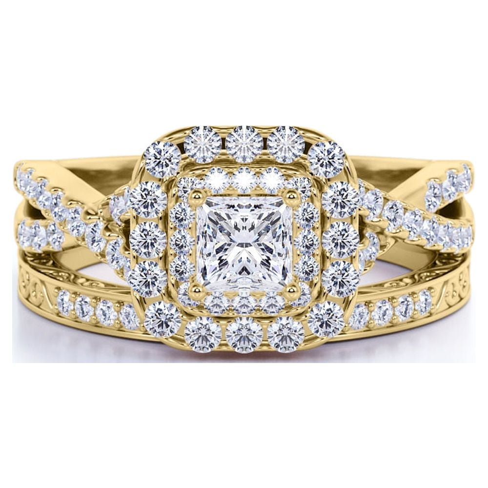 1.25 Ct - Square Moissanite - Double Halo - Twisted Band - Vintage Inspired - Pave - Wedding Ring Set in 18K Yellow Gold Plated for Women