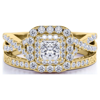 1.25 Ct - Square Moissanite - Double Halo - Twisted Band - Vintage Inspired - Pave - Wedding Ring Set in 18K Yellow Gold Plated for Women