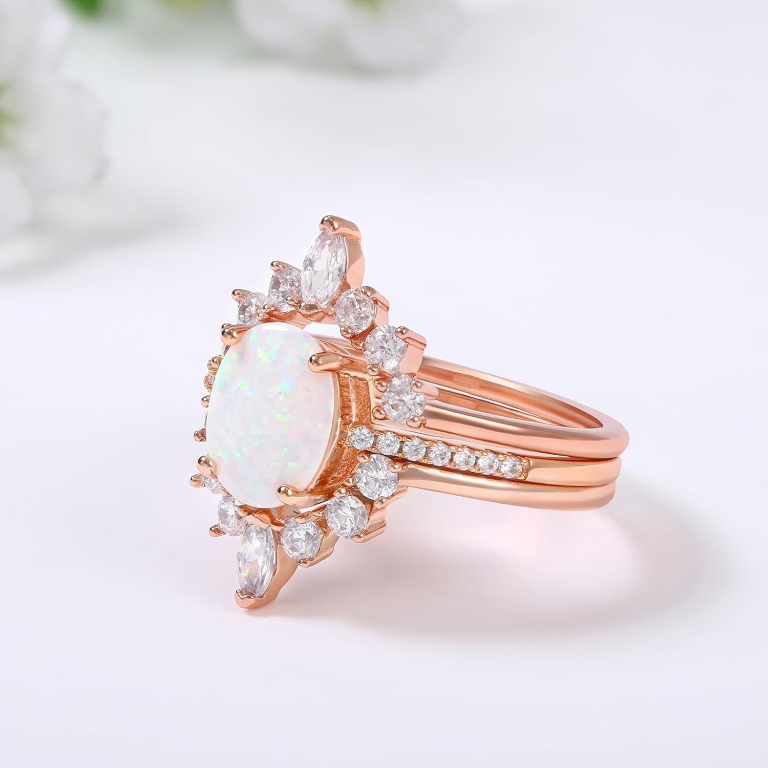 Oval White Opal Stackable Rings 3A Cubic Zirconia Pink Engagement Rings for Women Rose Gold Wedding Rings Set Womens Jewelry