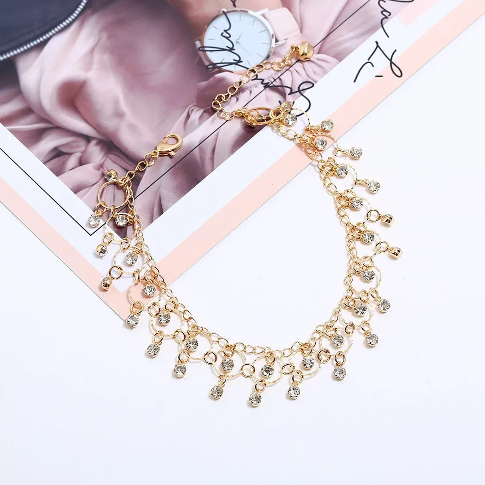 New Fashion Summer Beach Foot Chain Jewelry for Women Exquisite Gold Silver Color Shiny Rhinestones Ankle Bracelets Anklet