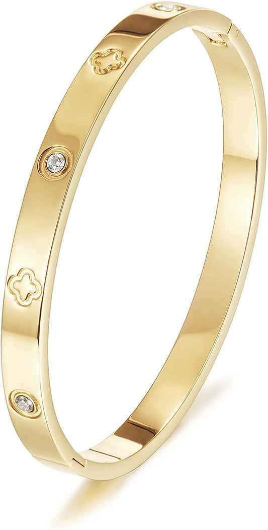 Simple Love Knot Bangle Polished Chunky Bracelet Stainless Steel Gold Gold Silver Plated Adjustable Open Cuff Bracelets for Women Adult Jewelry (Clover)