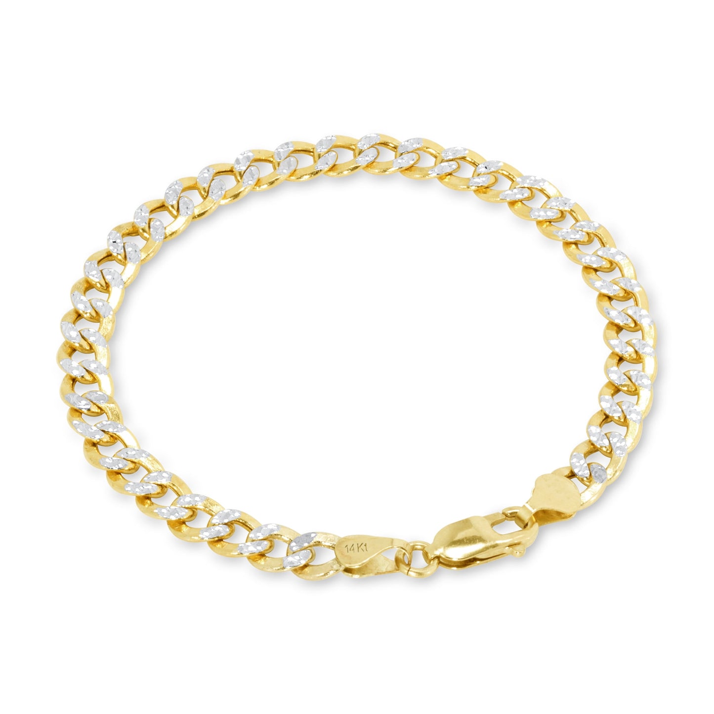 14K Real Yellow Gold Cuban Curb Link 6.5Mm Diamond Cut Pave Chain Bracelet (7"-9") Two Tone Italian Jewelry for Men