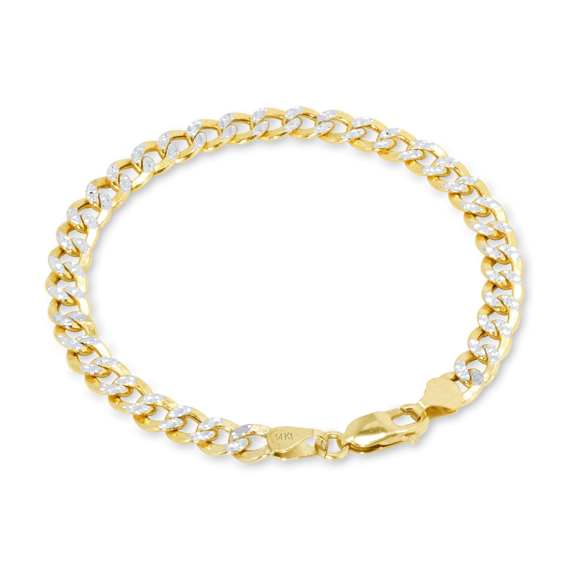 14K Real Yellow Gold Cuban Curb Link 6.5Mm Diamond Cut Pave Chain Bracelet (7"-9") Two Tone Italian Jewelry for Men