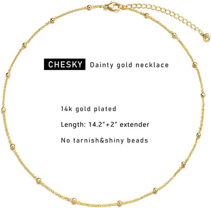 Dainty Gold Necklace for Women, Trendy 14K Gold Plated/Sterling Silver Satellite Choker Necklace Thin Beaded Layered Choker Necklaces Discs Paperclip Chain Necklaces Womens Simple Jewelry Gift