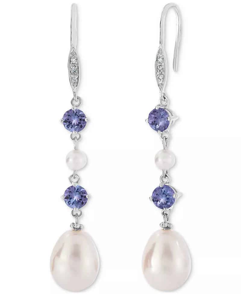 Tanzanite (1 Ct. T.W.), Cultured Freshwater Pearl (3Mm, 10X7Mm) & Diamond Accent Linear Drop Earrings in Sterling Silver