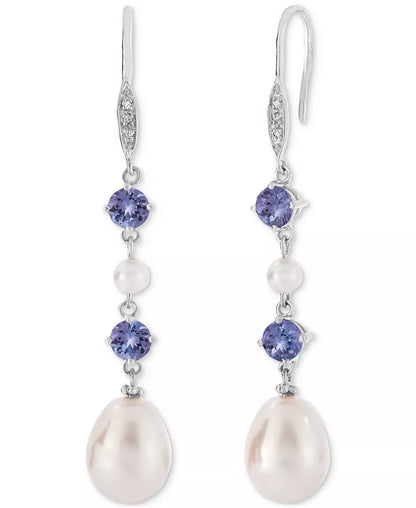 Tanzanite (1 Ct. T.W.), Cultured Freshwater Pearl (3Mm, 10X7Mm) & Diamond Accent Linear Drop Earrings in Sterling Silver