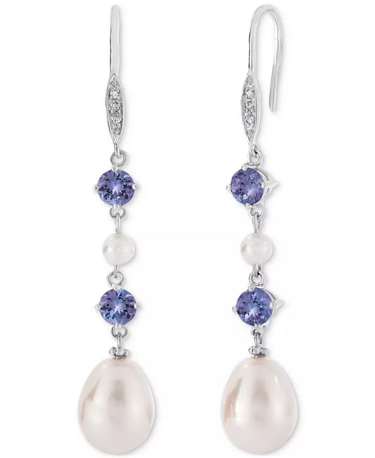 Tanzanite (1 Ct. T.W.), Cultured Freshwater Pearl (3Mm, 10X7Mm) & Diamond Accent Linear Drop Earrings in Sterling Silver