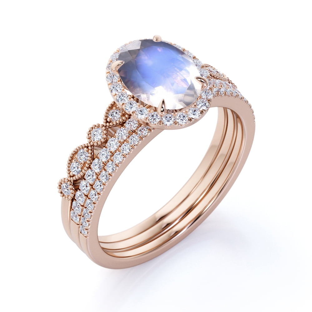 2 Carat Oval Rainbow Moonstone and Moissanite Split Shank Trio Wedding Ring Set in 18K Rose Gold over Silver