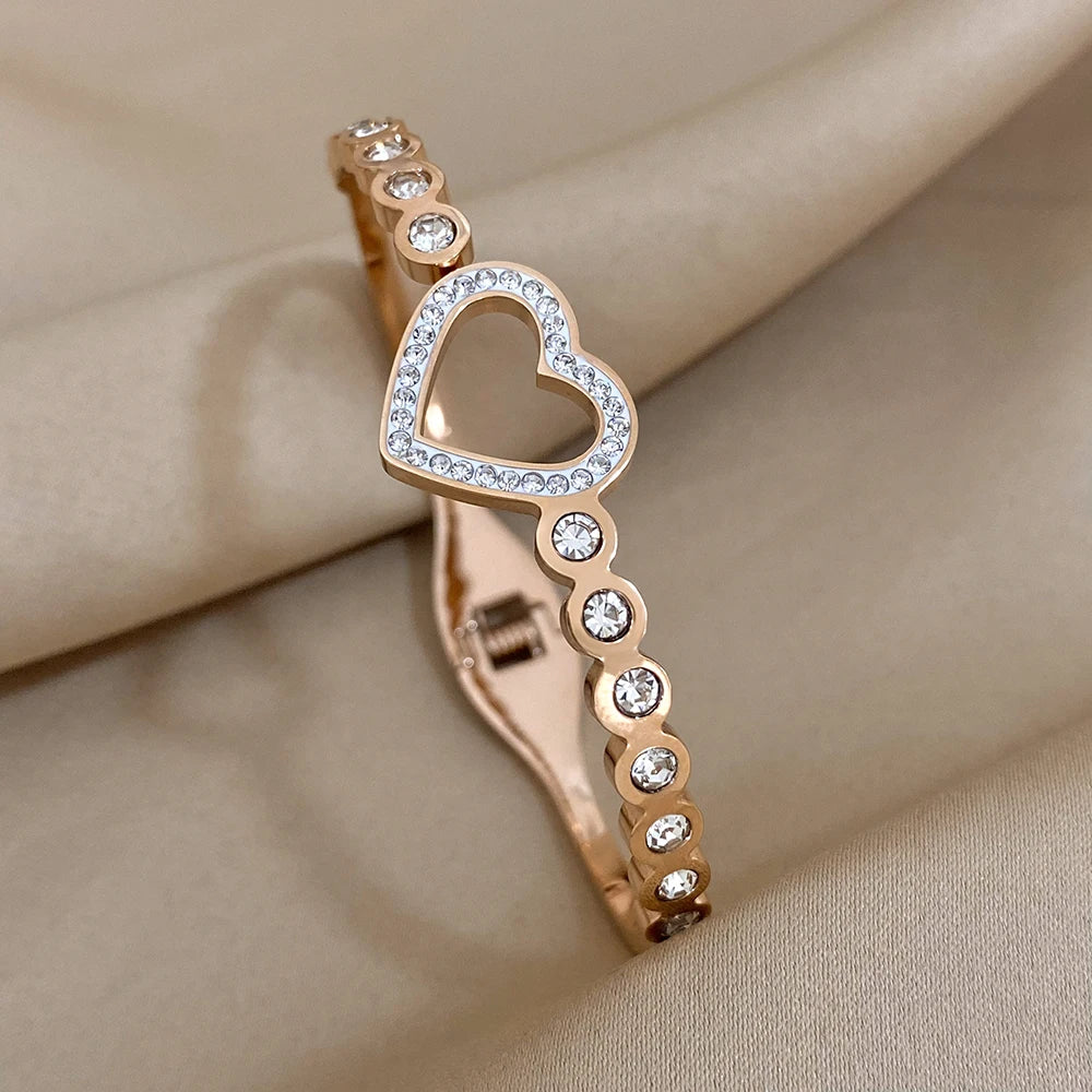 Love Matching Bracelet Femme Luxe Rhinestone Heart Stainless Steel Bangle 18K Gold Plated Couple Charm Bracelets Jewelry Gift