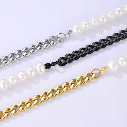 Pearl Necklaces for Men Women, Freshwater Cultured Pearl Strand, Faux Pearl, Baroque Pearl Necklace, Half Pearl Half Chain Necklace, Color White or Black Pearl Chokers