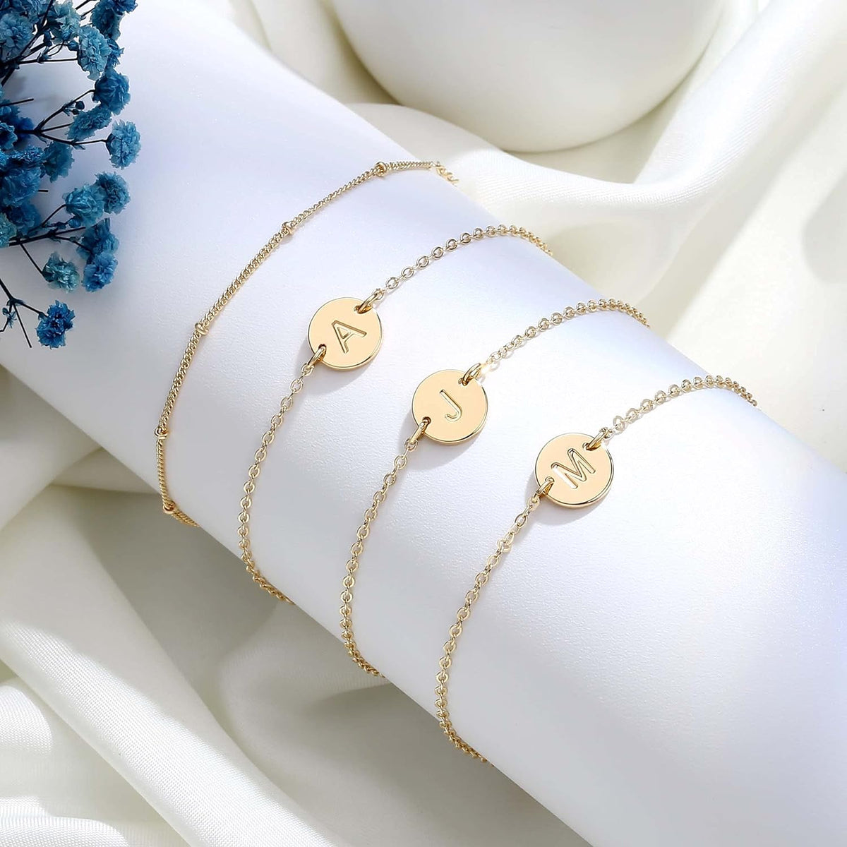 Gold Initial Bracelets for Women - Dainty 14K Gold Plated Layered Beaded Letter Initial Bracelet Personalized 26 Alphabet Disc Monogram Charm Bracelet Jewelry Gifts for Women