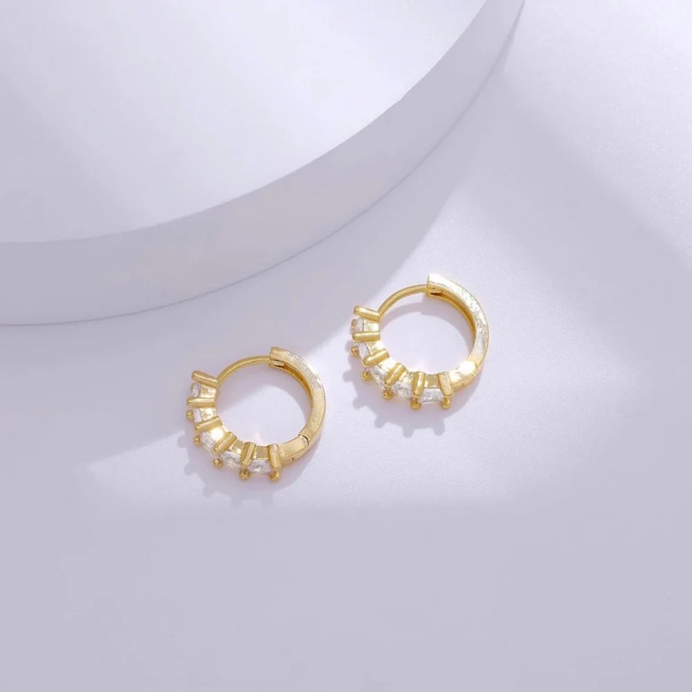 Iced CZ Men Women Huggie Yellow Gold Plated 925 Sterling Silver Cubic Zirconia Princess Cut Hoop