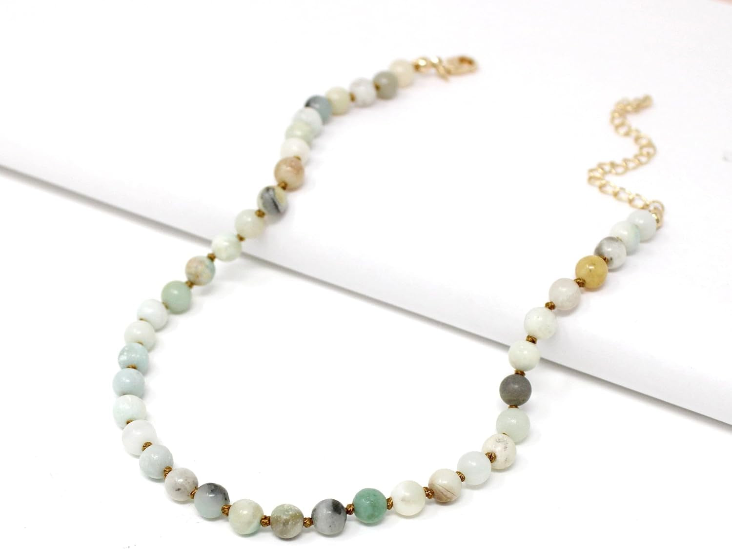 Real Amazonite Natural Gemstone Beaded Choker Necklace Semi Precious Stone Choker for Women Teen