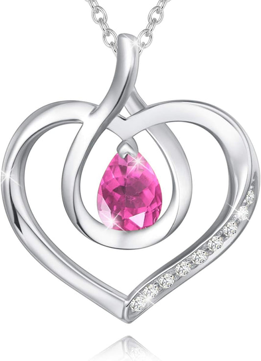 Heart Birthstone Necklace for Women Sterling Silver Genuine or Created Gemstone Forever Love Pendant Necklace Fine Jewelry Anniversary Birthday Gifts for Women Mom Wife