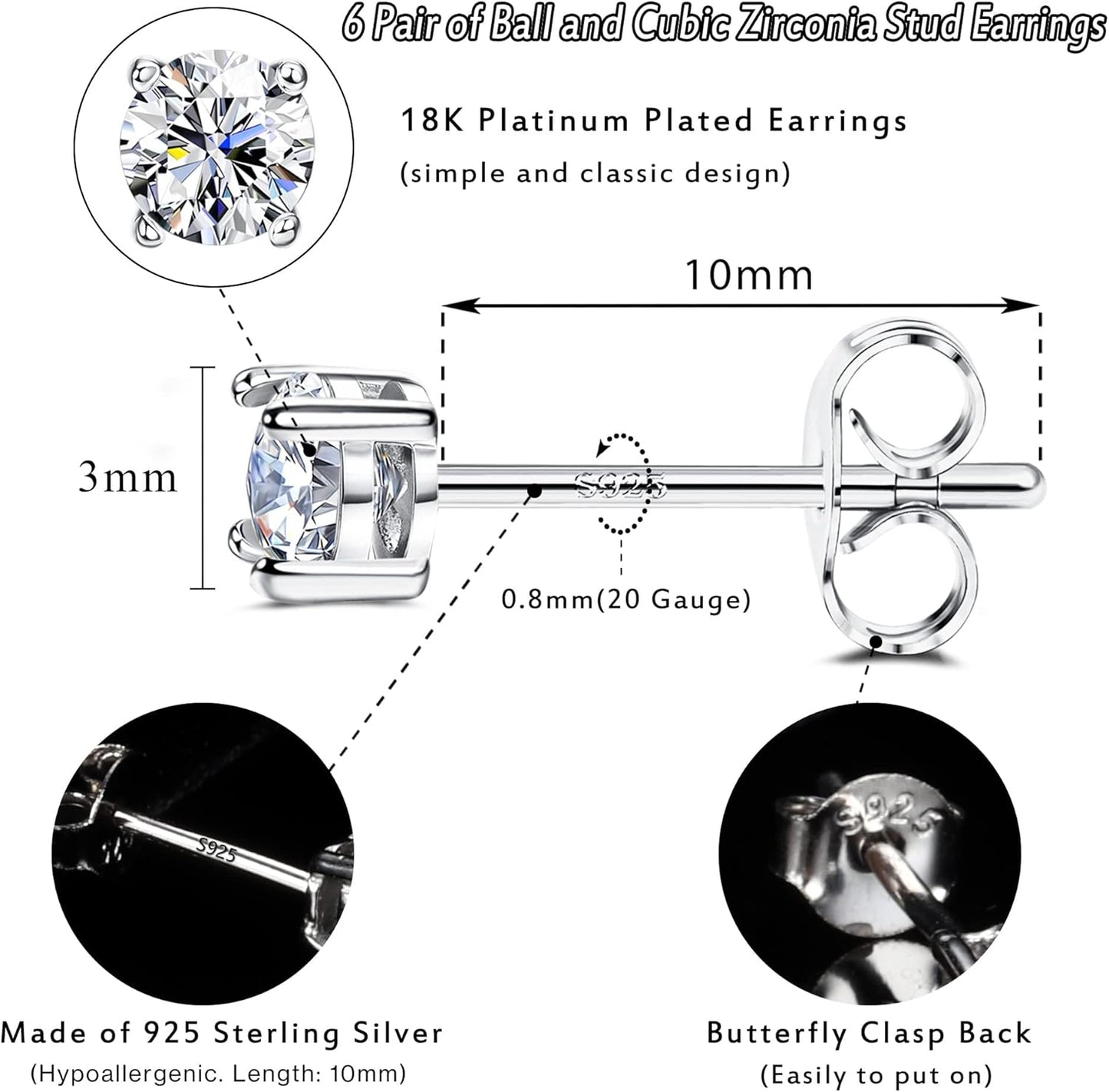 6 Pairs Sterling Silver Stud Earrings for Women, Cubic Zirconia Stud Earrings, Tiny Ball Stud Hypoallergenic Earrings, Small Tragus Cartilage Earrings Set for Men 2Mm,3Mm,4Mm