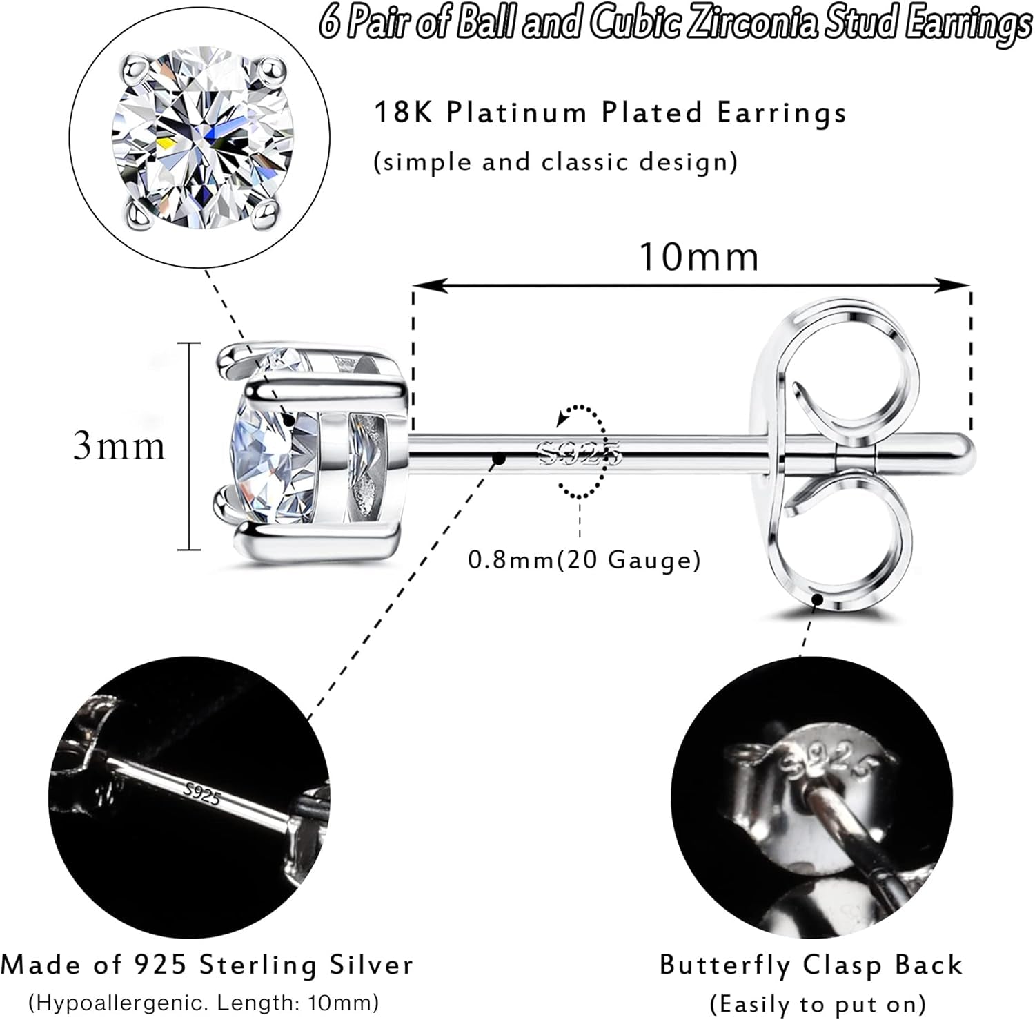 6 Pairs Sterling Silver Stud Earrings for Women, Cubic Zirconia Stud Earrings, Tiny Ball Stud Hypoallergenic Earrings, Small Tragus Cartilage Earrings Set for Men 2Mm,3Mm,4Mm